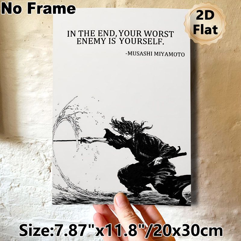 Miyamoto Musashi Samurai Quote Painting Poster, Monochrome Ink-wash Style Sword-wielding Samurai Poster, Inspirational Motivational Quote Wall Decor_maomaolike.com
