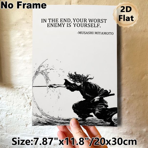 Miyamoto Musashi Samurai Quote Painting Poster, Monochrome Ink-wash Style Sword-wielding Samurai Poster, Inspirational Motivational Quote Wall Decor_maomaolike.com