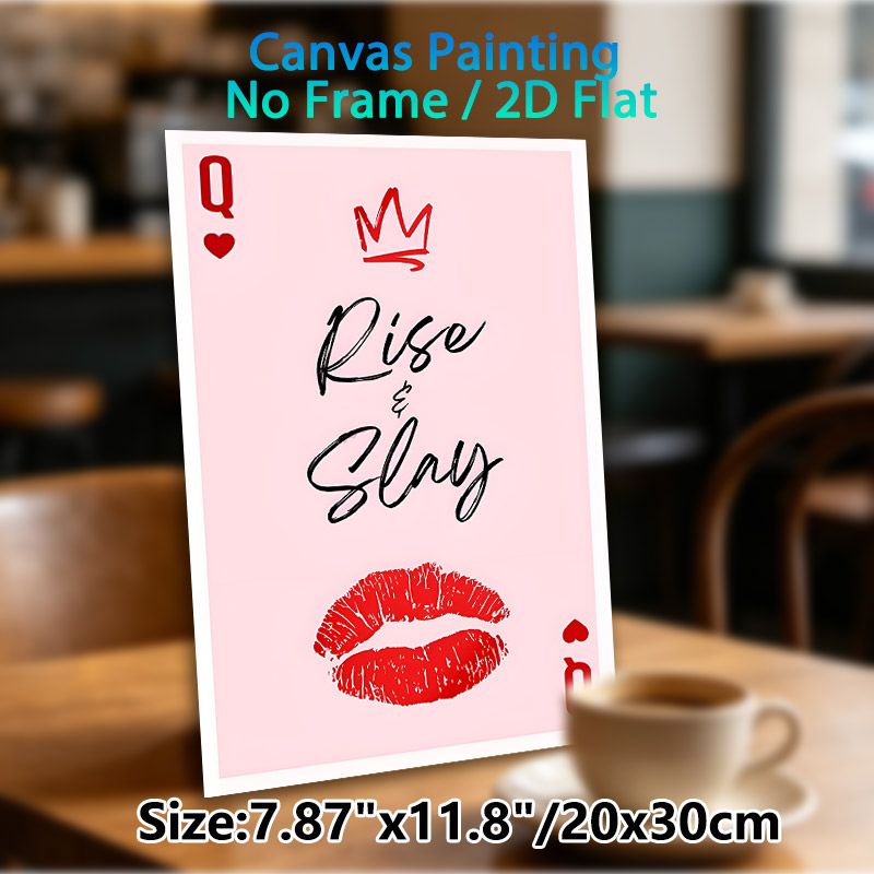 Queen Of Hearts Poker Themed Painting Poster, Stylish Minimalist Pink Poster With Crown, Lip Print & "Rise & Slay" Quote, Inspirational Wall Decor For_maomaolike.com