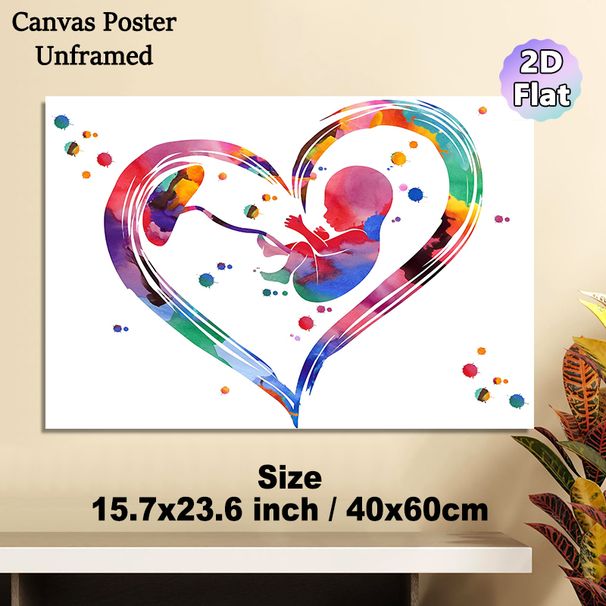 Fetus & Heart Themed Painting Poster, Vibrant Watercolor Style Poster, Colorful Heart-shaped Frame With Fetus Silhouette, Warm Heartfelt Decor Ideal_maomaolike.com