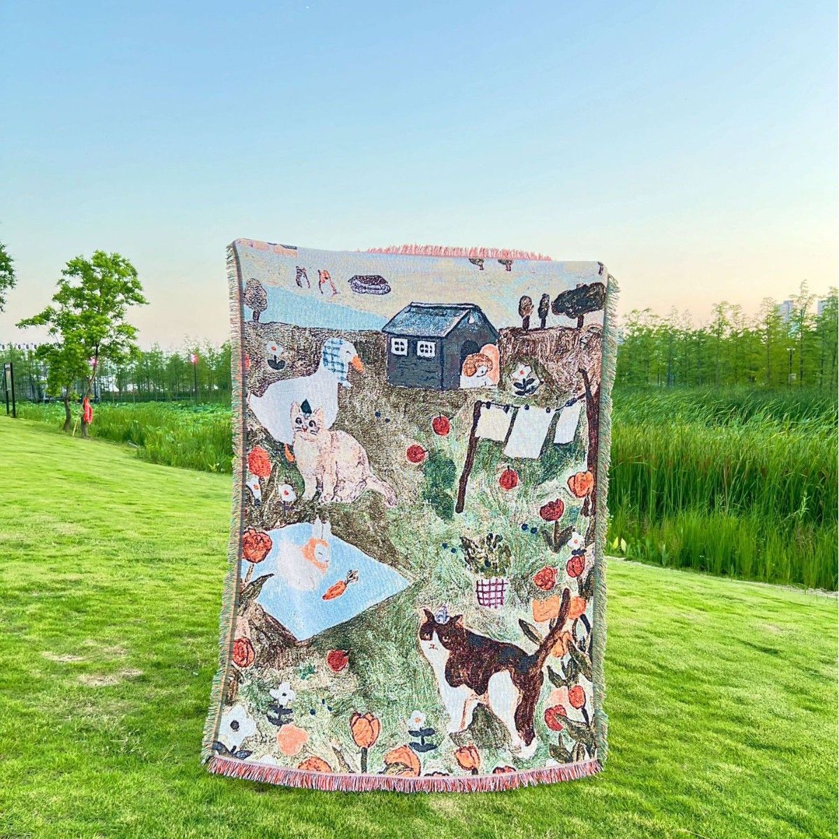 Cat Korean Style Ins Oil Painting Art Tapestry Sofa Bedside Throw Carpet Decorative Air Conditioning Blanket_maomaolike.com