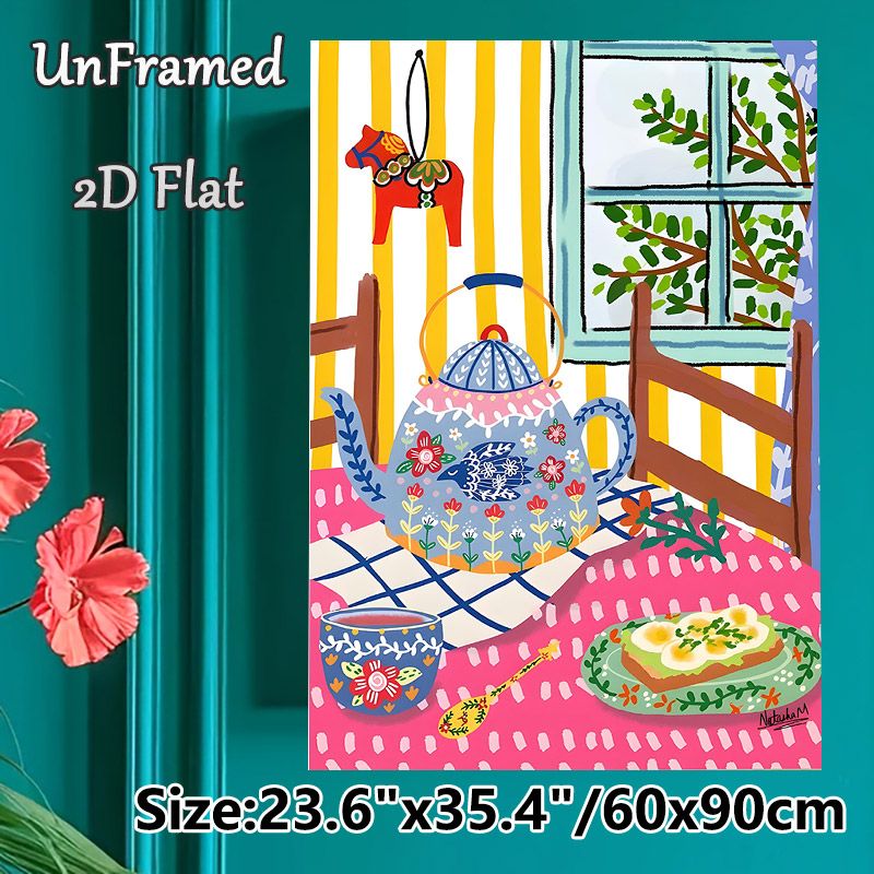 Cozy Tea Time Painting Poster, Vibrant Folk Style Poster, Whimsical Teapot, Tea Cup & Toast Scene With Warm Inviting Vibe, Ideal For Kitchen And_maomaolike.com