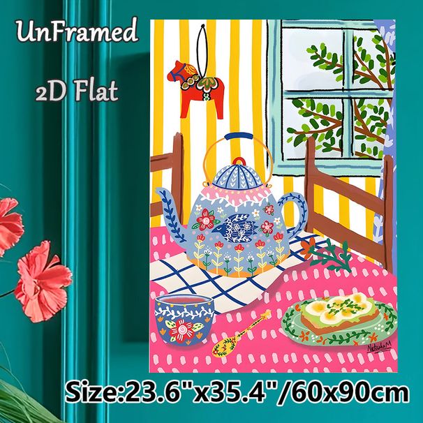 Cozy Tea Time Painting Poster, Vibrant Folk Style Poster, Whimsical Teapot, Tea Cup & Toast Scene With Warm Inviting Vibe, Ideal For Kitchen And_maomaolike.com