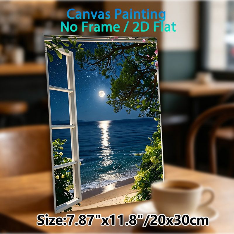 Moonlit Seaside Window View Painting Poster, Serene Realistic Night Ocean Scene Poster, Calming Natural Scenery Ideal For Bedroom, Living Room Wall_maomaolike.com