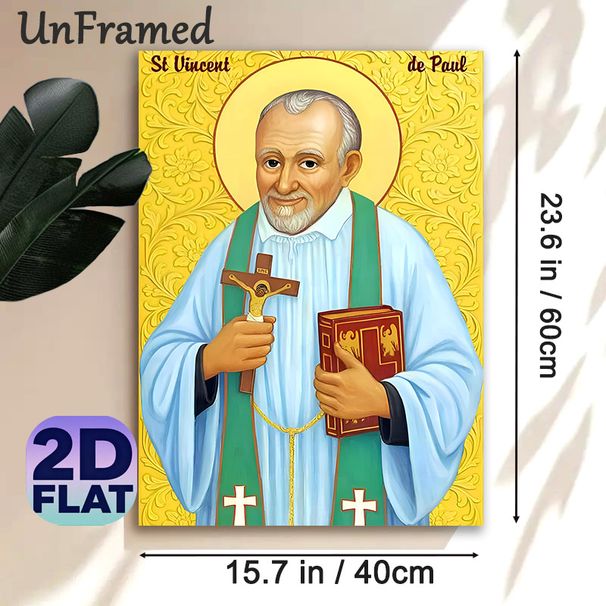 St Vincent De Paul Religious Icon Painting Poster, Vibrant Traditional Religious Portrait Poster, Devotional Wall Decor Featuring Saint Holding Cross_maomaolike.com