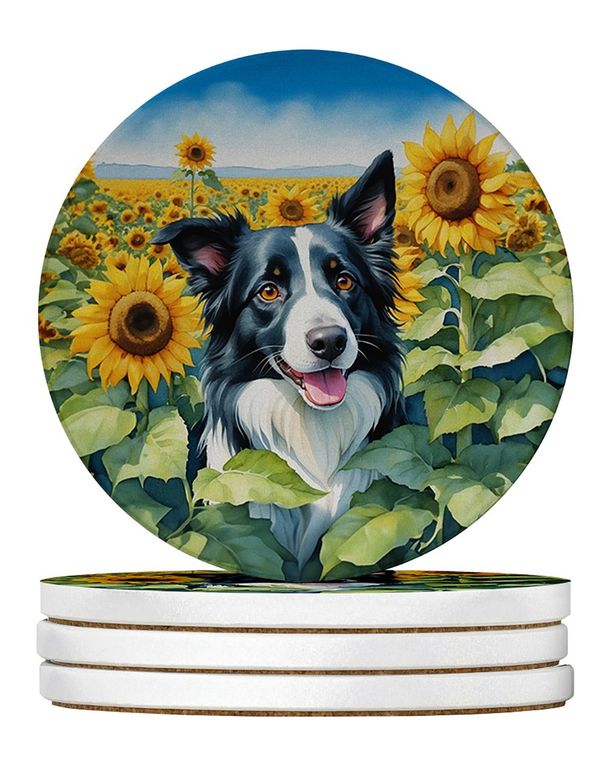 Border Collie In Sunflowers Large Sandstone Coasters Pack Of 4 Absorbent Round Coasters Decor Gifts For Men Or Women, 4 In, Multicolor_maomaolike.com