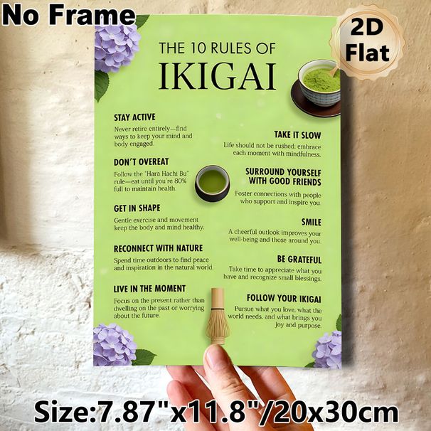 Ikigai Themed Painting Poster, Soft Green-toned Illustrative Poster, Presents 10 Inspiring Life Principles, Ideal For Home Office, Living Room And_maomaolike.com