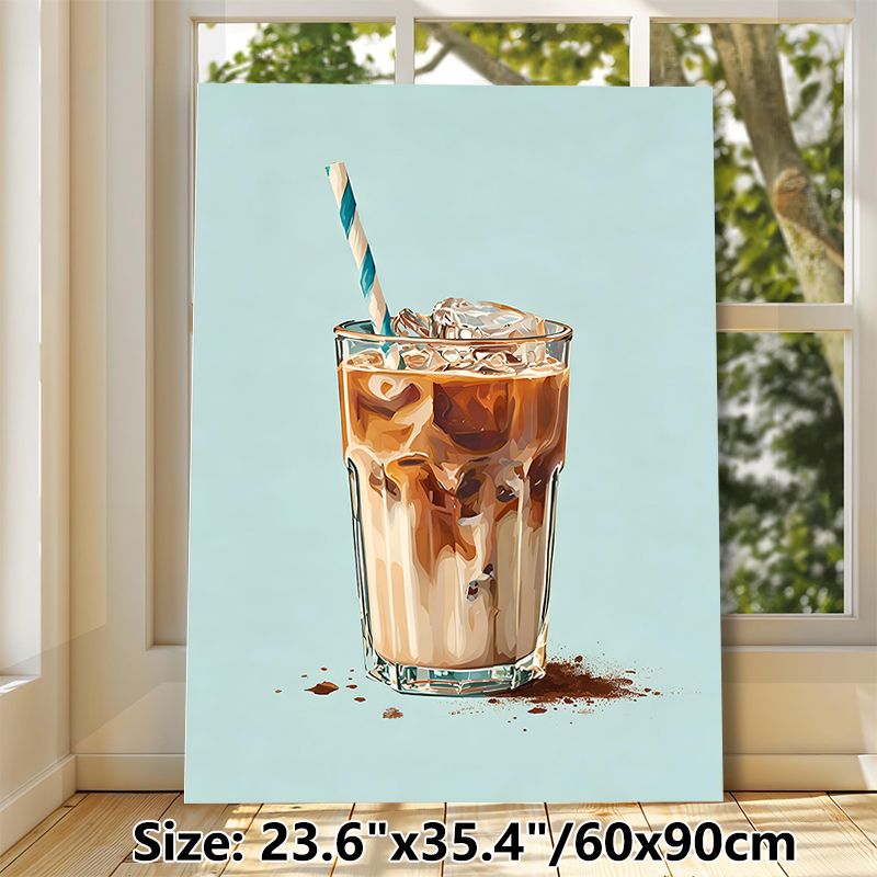 Iced Coffee Painting Poster, Vibrant Artistic Poster, Stylized Creamy Iced Coffee In Glass With Striped Straw And Cocoa Dust Design, Adds Cozy Warm_maomaolike.com