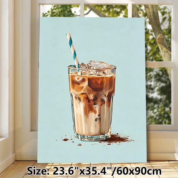 Iced Coffee Painting Poster, Vibrant Artistic Poster, Stylized Creamy Iced Coffee In Glass With Striped Straw And Cocoa Dust Design, Adds Cozy Warm_maomaolike.com