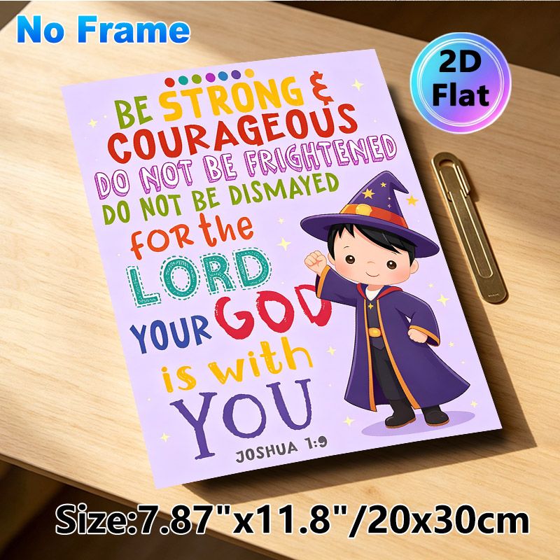 Bible Verse Joshua 1:9 Painting Poster, Vibrant Cartoon Wizard Themed Poster, Uplifting Encouraging Message Suitable For Bedroom, Living Room_maomaolike.com