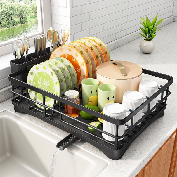SAYZH Dish Drying Rack For Kitchen Counter With Utensil Holder, Black_maomaolike.com
