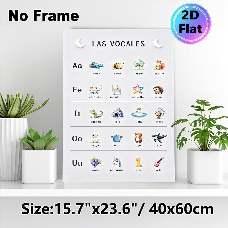 Spanish Vowel Learning Painting Poster, Cute Cartoon Illustrated Educational Poster, Assists With Spanish Vowel Learning, Suitable For Study Rooms And_maomaolike.com