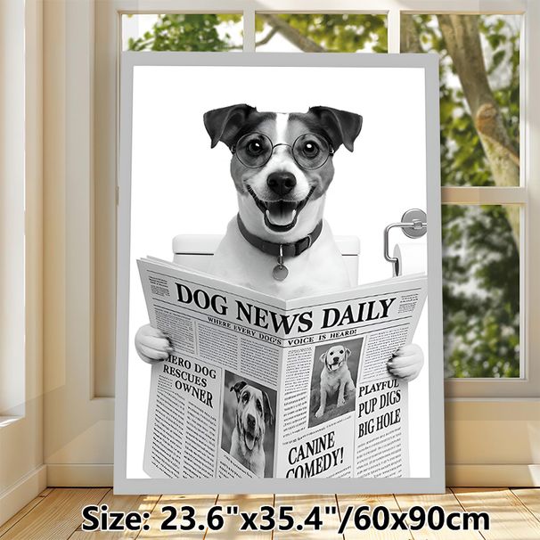 Dog Reading Newspaper Painting Poster, Monochrome Whimsical Dog With Glasses On Toilet Poster, Playful Humorous Decor Ideal For Bathroom, Living Room_maomaolike.com