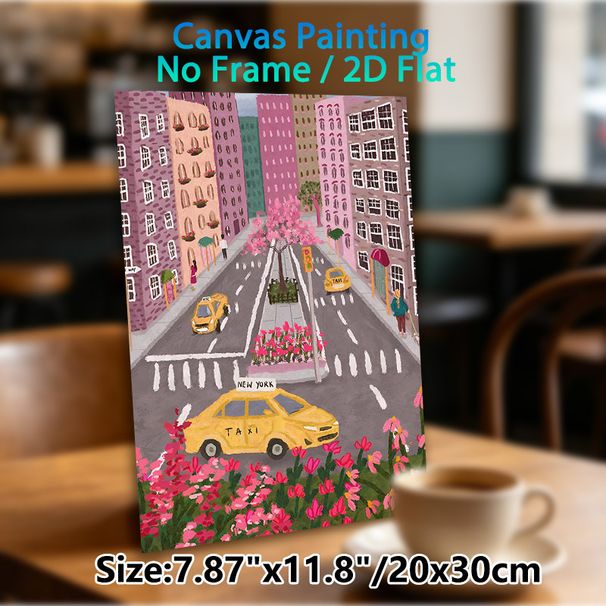 New York City Street Painting Poster, Vibrant Whimsical Urban Scene Poster, Charming Cityscape With Yellow Taxis And Pink Blooms, Suitable For Living_maomaolike.com