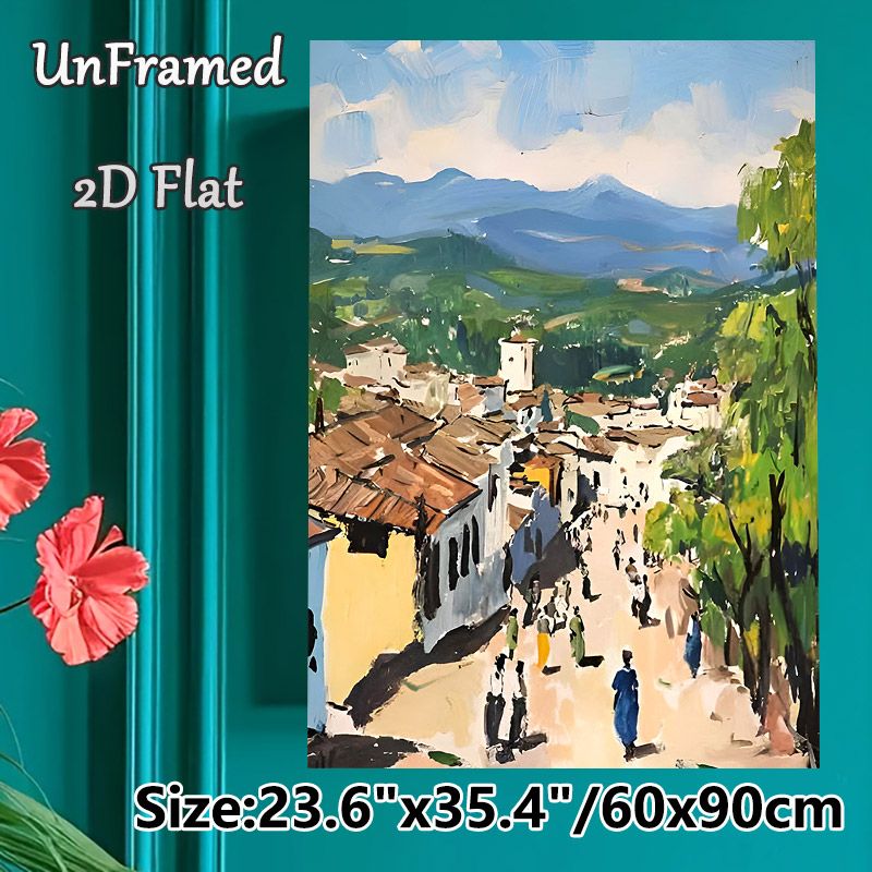 Hillside Mountain Village Painting Poster, Impressionist Style Bustling Town With Rolling Hills Poster, Warm Nostalgic Ambiance Suitable For Living_maomaolike.com