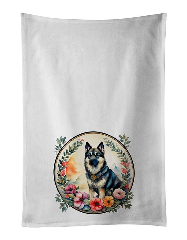 Norwegian Elkhound And Flowers Kitchen Towel Set Of 2 White Dish Towels Decorative Bathroom Hand Towel For Hand, Face, Hair, Yoga, Tea, Dishcloth, 19 X 28", White_maomaolike.com