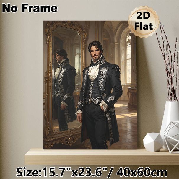Victorian Gentleman Painting Poster, Elegant Classic Oil Painting Style Poster, Aristocratic Figure In Ornate Dark Formal Attire With Mirror_maomaolike.com
