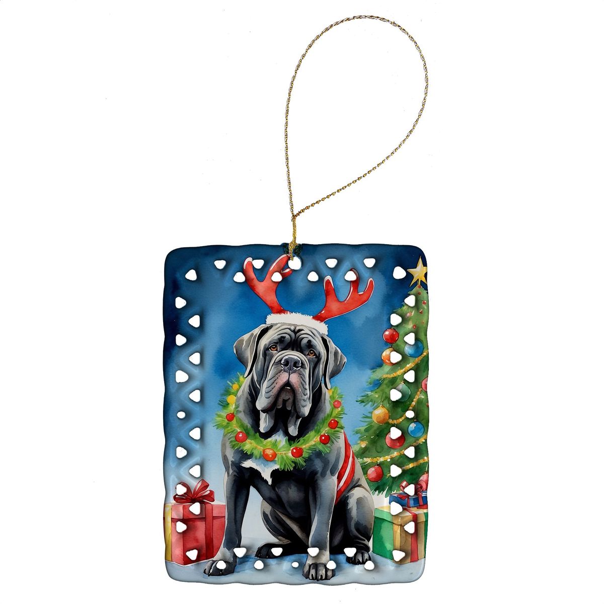 Neapolitan Mastiff Christmas Reindeer Porcelain Ornament Christmas Tree Hanging Decorations For Home Christmas Holiday, Rectangle, Gift, Multicolor_maomaolike.com