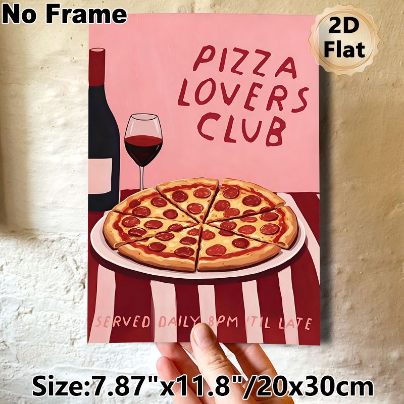 Pizza Lovers Club Themed Painting Poster, Warm-toned Cartoon-style Poster With Pepperoni Pizza, Wine Bottle & Glass, Cozy Food-inspired Decor Ideal_maomaolike.com