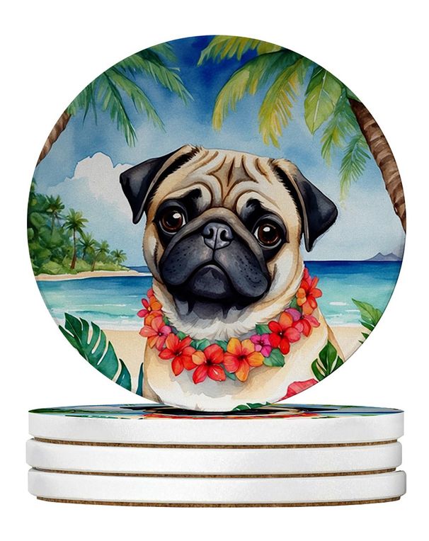 Pug Luau Large Sandstone Coasters Pack Of 4 Absorbent Round Coasters Decor Gifts For Men Or Women, 4 In, Multicolor_maomaolike.com