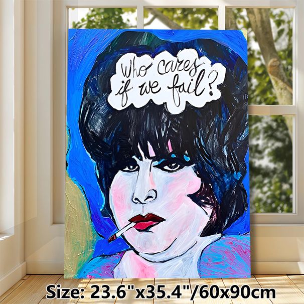 Retro Female Portrait Painting Poster, Vibrant Bold Brushstroke Pop Art Style Poster, Inspirational "Who Cares If We Fail?" Quote For Bedroom, Living_maomaolike.com