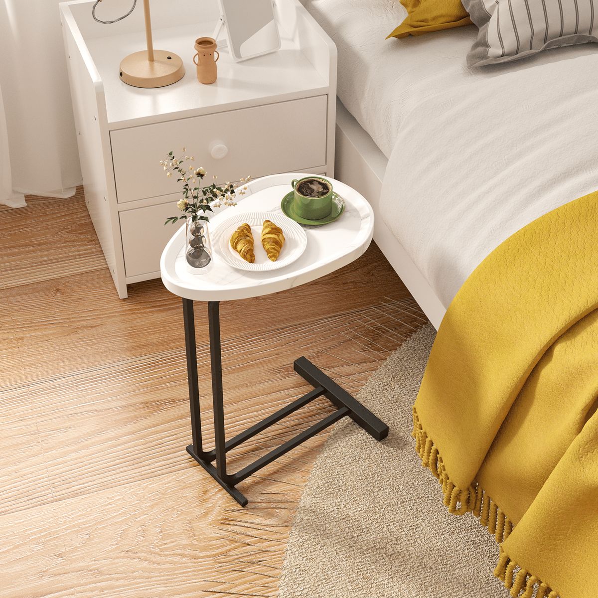 C-Shaped Side Table, C Table End Table For Sofa And Bedside, Couch Side Tables, Wood C-Shaped End Table With Metal Frame Slide For Bedroom Living Room_maomaolike.com