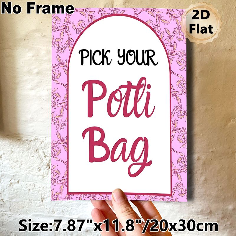 Potli Bag Themed Painting Poster, Pink Floral Patterned Border With Stylish Script Text Poster, Charming Decorative Sign Ideal For Festive Gatherings_maomaolike.com