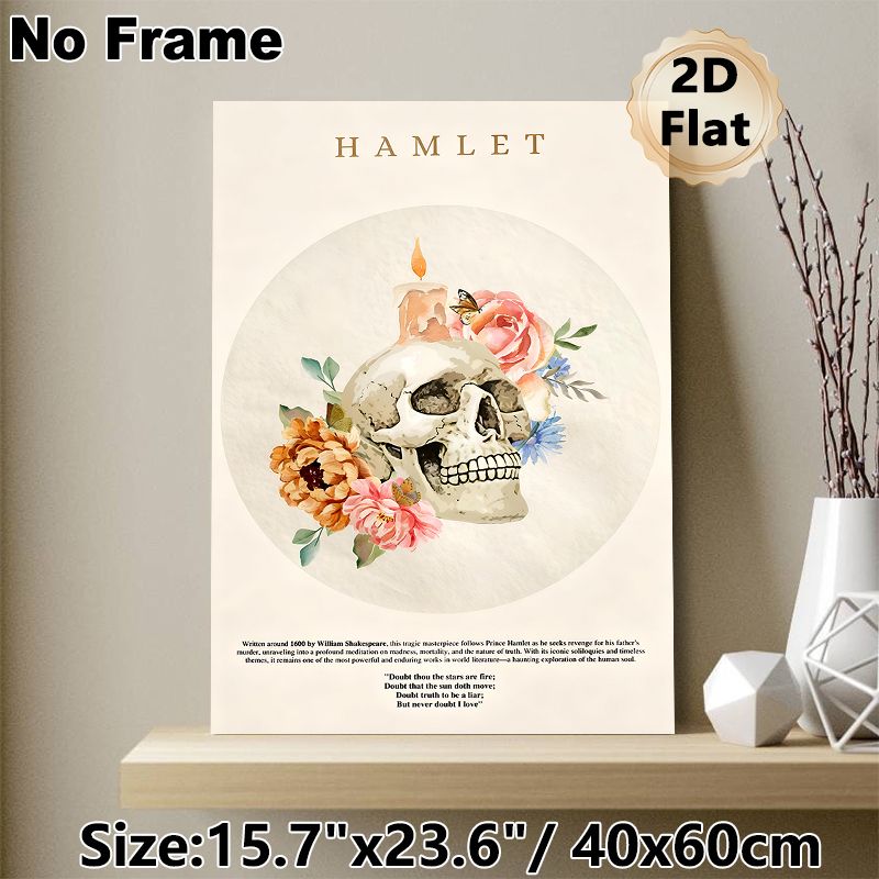 Hamlet Themed Painting Poster, Soft Watercolor Skull & Floral Decorative Poster, With Classic Literary Quotes, Ideal For Home Study And_maomaolike.com
