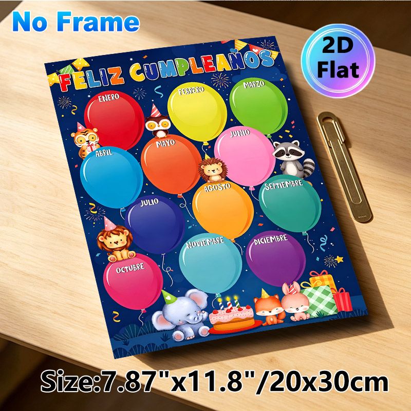 Spanish Birthday Calendar Painting Poster, Vibrant Cute Animal & Colorful Balloon Scene Poster, Festive Design To Track Monthly Birthdays, Suitable_maomaolike.com