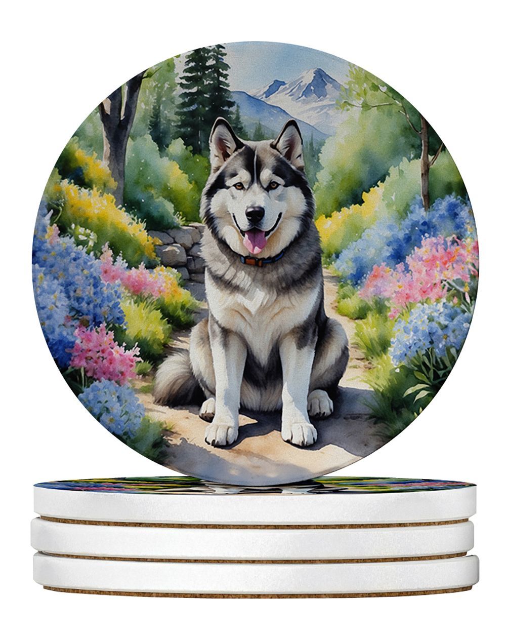 Alaskan Malamute Spring Garden Large Sandstone Coasters Pack Of 4 Absorbent Round Coasters Decor Gifts For Men Or Women, 4 In, Multicolor_maomaolike.com