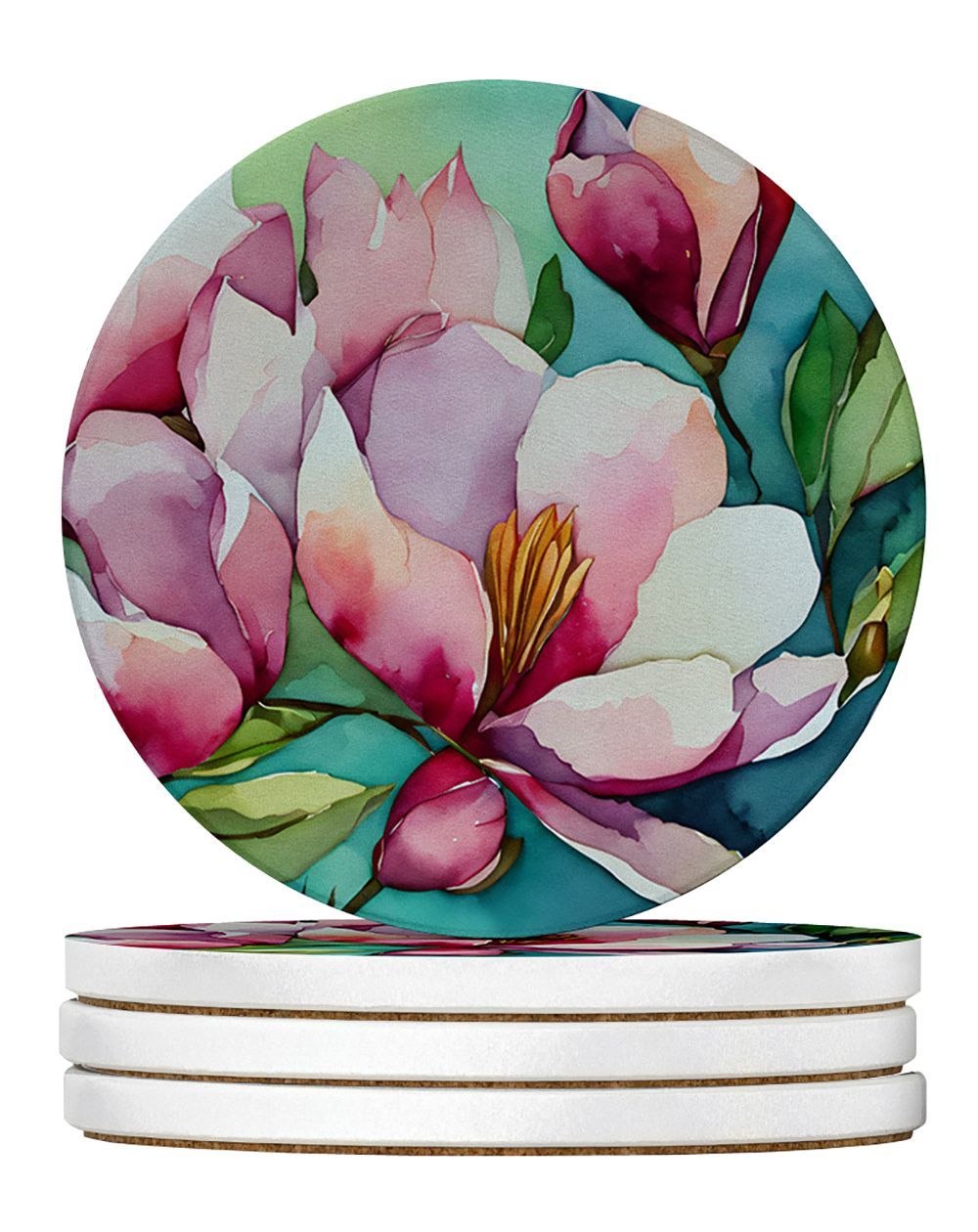 Louisiana Magnolias In Watercolor Large Sandstone Coasters Pack Of 4 Absorbent Round Coasters Decor Gifts For Men Or Women, 4 In, Multicolor_maomaolike.com