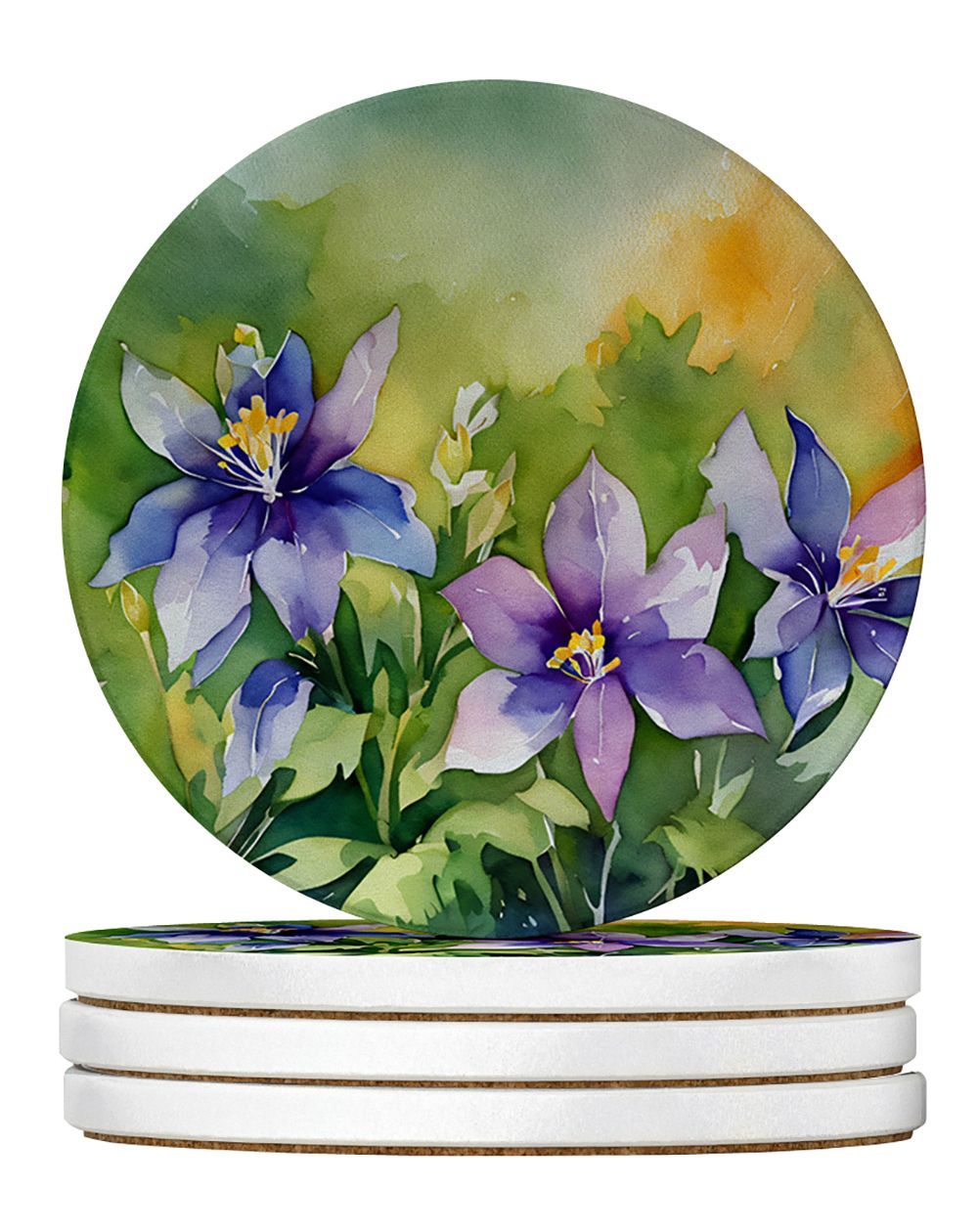 Colorado Rocky Mountain Columbine In Watercolor Large Sandstone Coasters Pack Of 4 Absorbent Round Coasters Decor Gifts For Men Or Women, 4 In, Multicolor_maomaolike.com