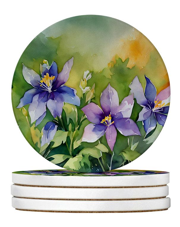 Colorado Rocky Mountain Columbine In Watercolor Large Sandstone Coasters Pack Of 4 Absorbent Round Coasters Decor Gifts For Men Or Women, 4 In, Multicolor_maomaolike.com