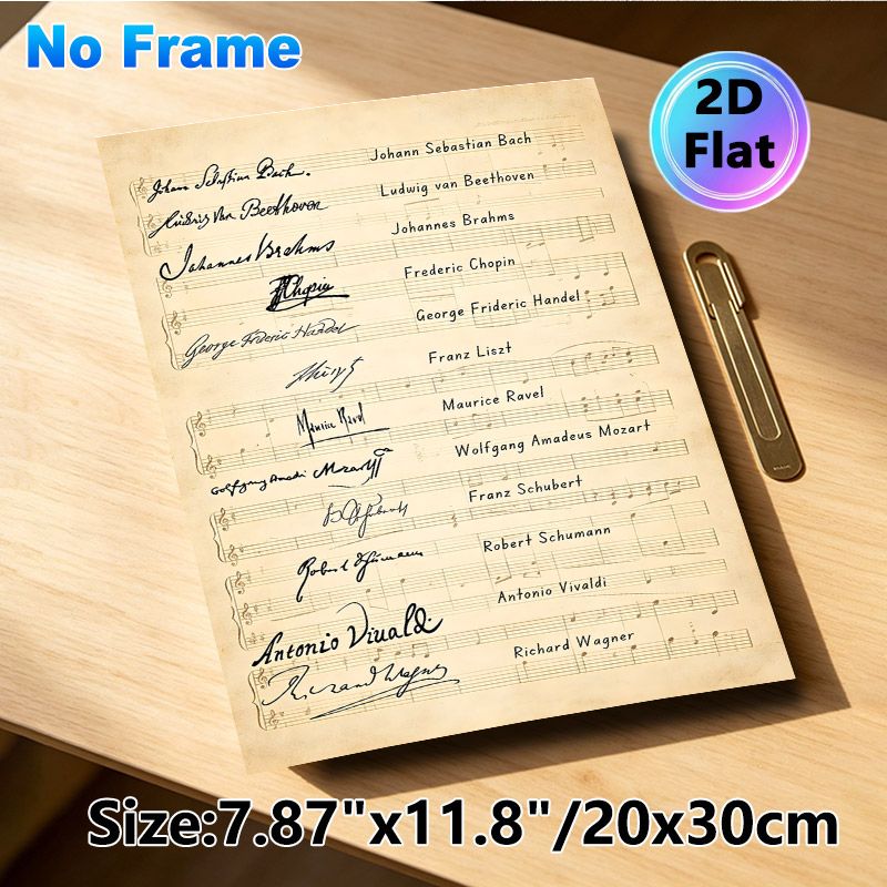 Famous Composers Signature & Sheet Music Painting Poster, Vintage-style Retro Composer Signatures With Musical Notes Poster, Brings Artistic Musical_maomaolike.com
