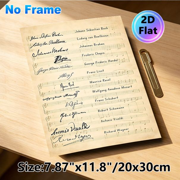 Famous Composers Signature & Sheet Music Painting Poster, Vintage-style Retro Composer Signatures With Musical Notes Poster, Brings Artistic Musical_maomaolike.com