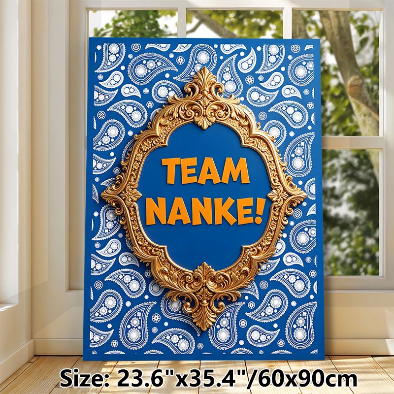 Team Nanke Themed Painting Poster, Luxury Golden Ornate Framed Blue Paisley Patterned Poster, Vibrant Typography Design Ideal For Office & Team_maomaolike.com