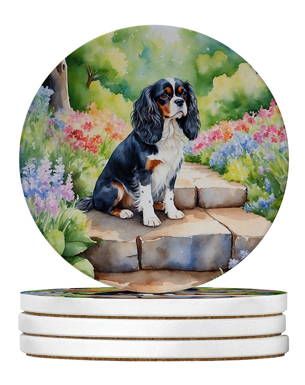 Cavalier Spaniel Spring Path Large Sandstone Coasters Pack Of 4 Absorbent Round Coasters Decor Gifts For Men Or Women, 4 In, Multicolor_maomaolike.com