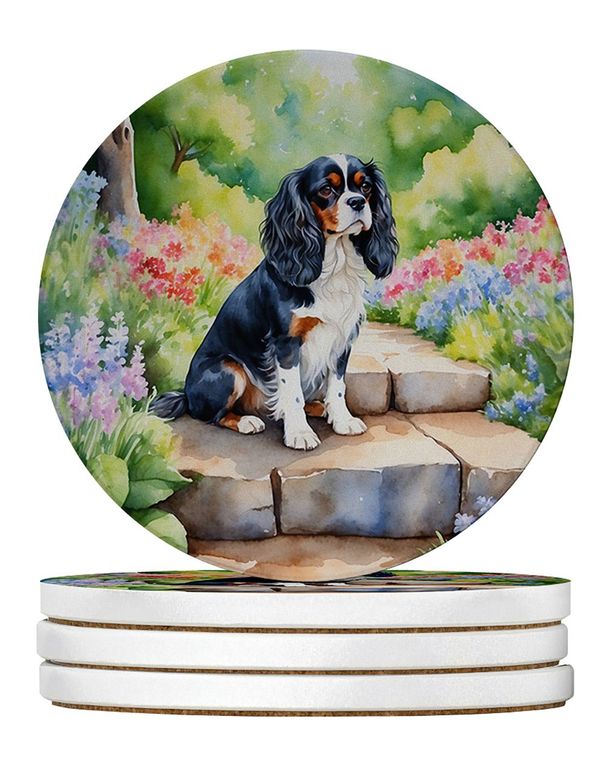 Cavalier Spaniel Spring Path Large Sandstone Coasters Pack Of 4 Absorbent Round Coasters Decor Gifts For Men Or Women, 4 In, Multicolor_maomaolike.com