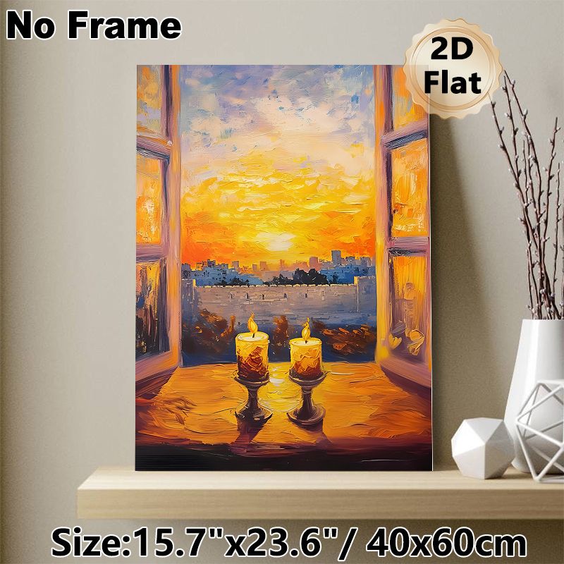 Candle & Sunset Cityscape Painting Poster, Rich Impasto Oil-style Poster, Warm Glowing Candles With Sunset City View Through Window, Creates Cozy_maomaolike.com