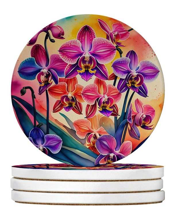 Colorful Orchids Large Sandstone Coasters Pack Of 4 Absorbent Round Coasters Decor Gifts For Men Or Women, 4 In, Multicolor_maomaolike.com
