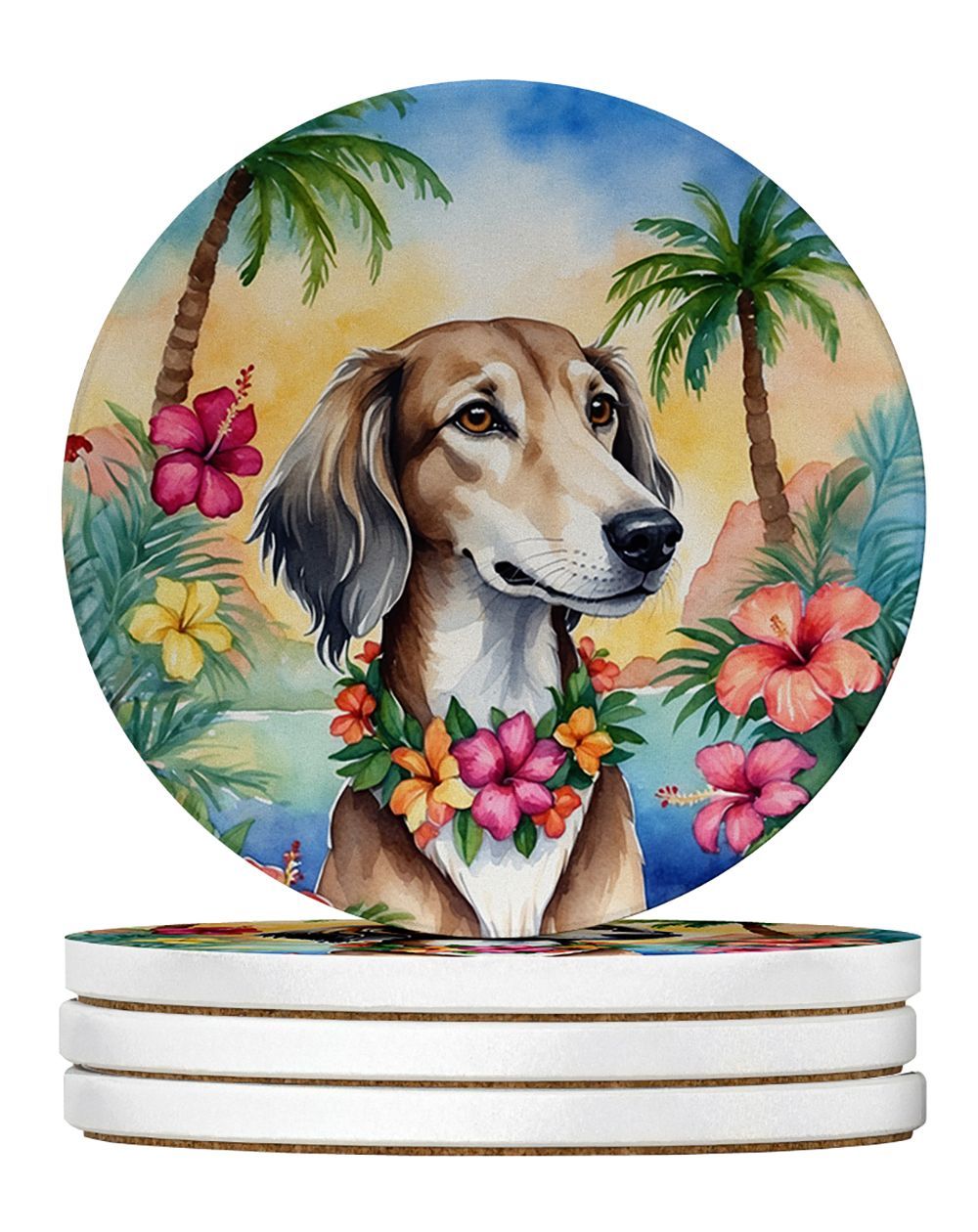 Saluki Luau Large Sandstone Coasters Pack Of 4 Absorbent Round Coasters Decor Gifts For Men Or Women, 4 In, Multicolor_maomaolike.com