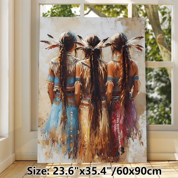 Native American Women Painting Poster, Warm-toned Impressionist-style Poster, Artistic Cultural Wall Decor Featuring Feather-adorned Traditional_maomaolike.com