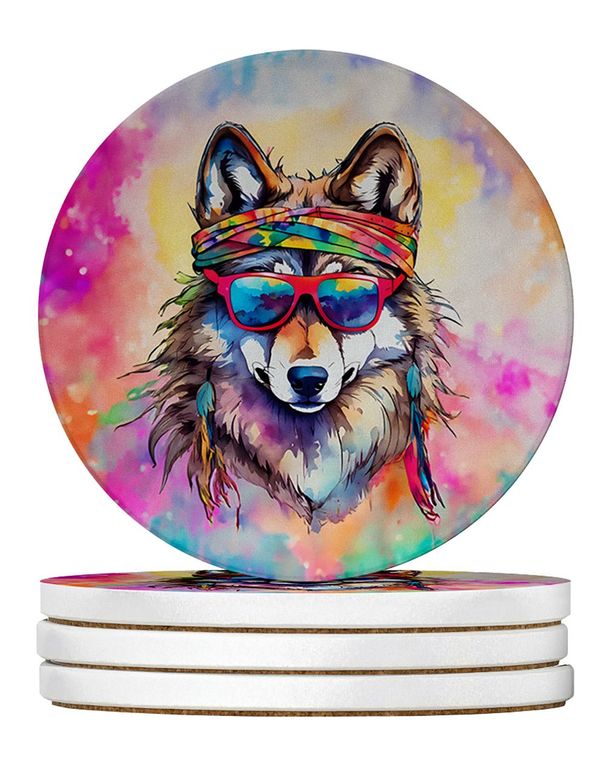 Hippie Animal Wolf Large Sandstone Coasters Pack Of 4 Absorbent Round Coasters Decor Gifts For Men Or Women, 4 In, Multicolor_maomaolike.com
