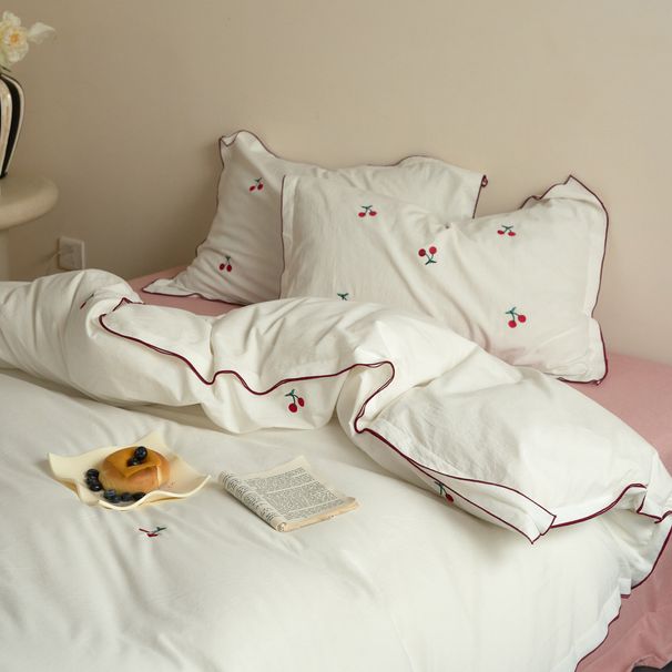 Wholesale INS Korean Embroidered Cherry Pure Four-Piece Pastoral Style Full Yarn-Dyed Dense Overlock Washed Cotton 4-Piece Set_maomaolike.com