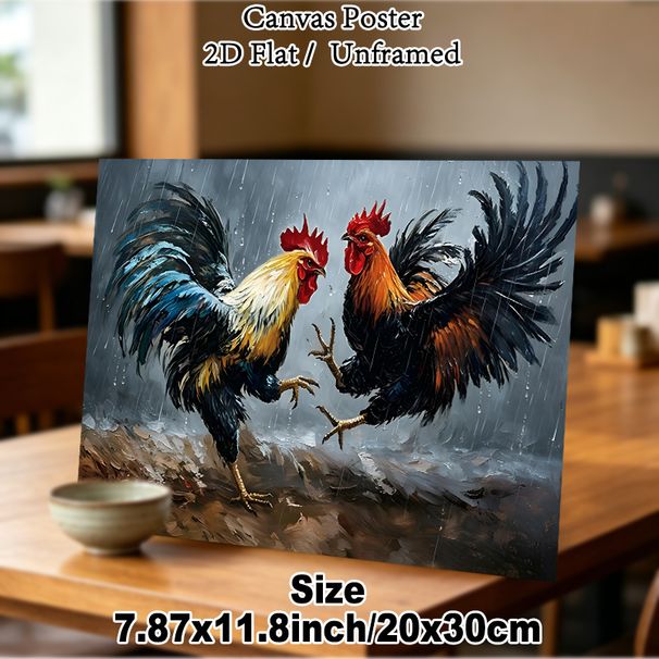 Fighting Roosters Painting Poster, Vibrant Realistic Oil Painting Style Poster, Dynamic Rainy Scene With Clashing Roosters, Eye-catching Rustic Decor_maomaolike.com