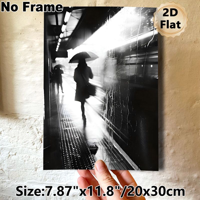 Rainy Subway Station Painting Poster, Monochrome Moody Urban Silhouette Poster, Captures Tranquil Rainy-day Urban Vibe, Ideal For Living Room, Office_maomaolike.com