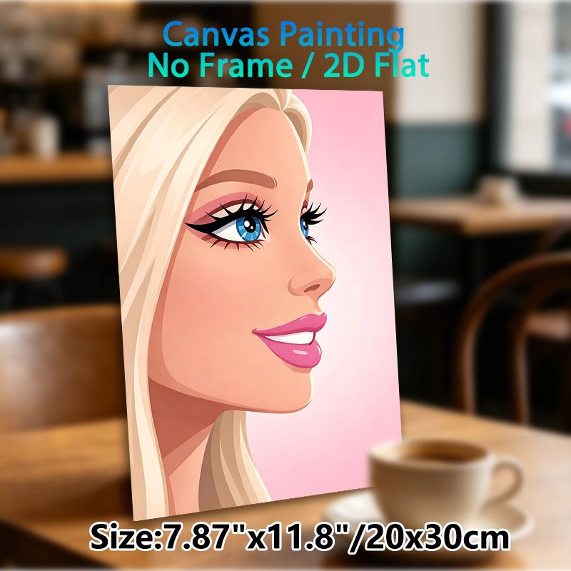 Blonde Glamorous Lady Painting Poster, Soft Pink-toned Cartoon Style Poster, Elegant Portrait With Vivid Blue Eyes And Glossy Pink Lips, Ideal For_maomaolike.com