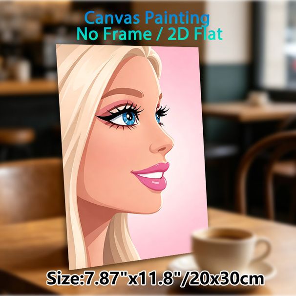 Blonde Glamorous Lady Painting Poster, Soft Pink-toned Cartoon Style Poster, Elegant Portrait With Vivid Blue Eyes And Glossy Pink Lips, Ideal For_maomaolike.com