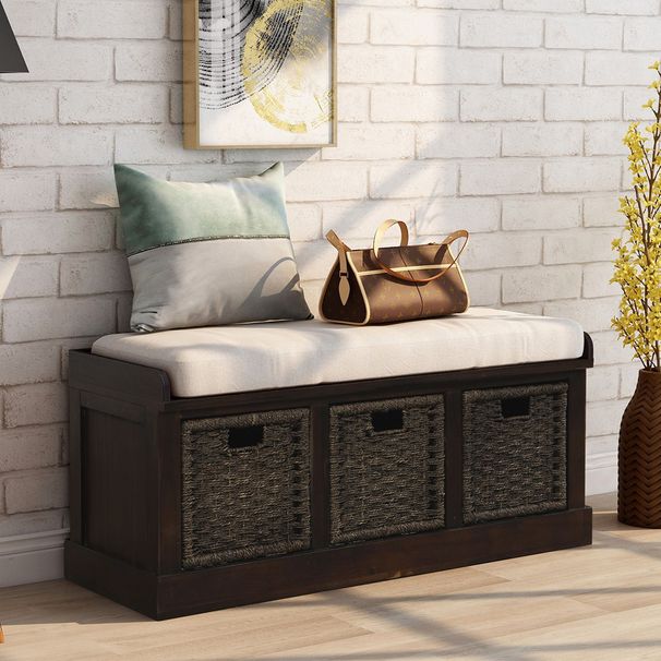 Rustic Storage Bench With 3 Removable Classic Rattan Basket ,Entryway Bench With Removable Cushion_maomaolike.com
