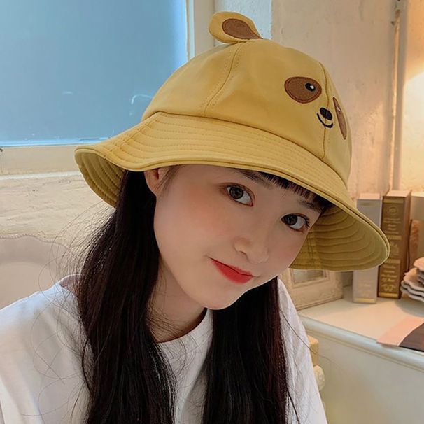 Hot Sale RICYGVM Cartoon Bear Women Fisherman Cap Wide Brim Sunscreen Bucket Hat Soft Cotton Visors Cute Ear Girls Panama Basin_maomaolike.com